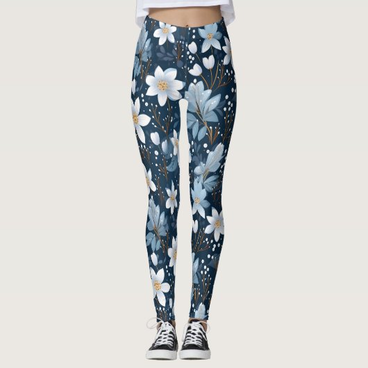 Witte winter bloemen patroon leggings (Voorkant)