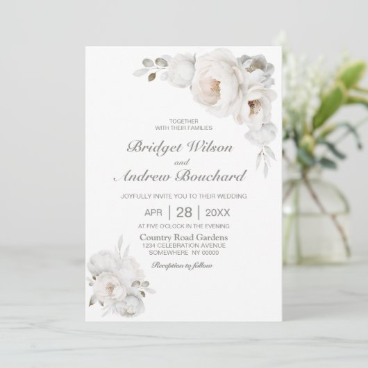 Witte winter bloemenbruiloft kaart (Staand voorkant)