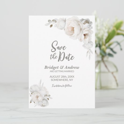 Witte winter bloemenbruiloft save the date (Staand voorkant)