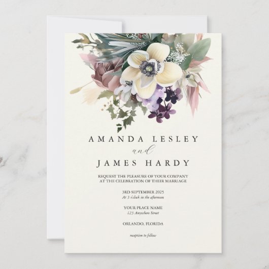 Witte Winter Bloemige Aquarel Bruiloft Kaart (Voorkant)