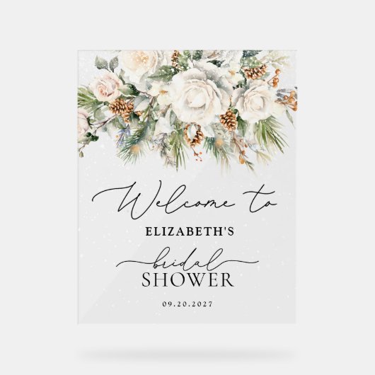 Witte winter bloemrijke elegante bruids douche ver acryl bord (Voorkant)