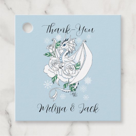 Witte Winter Dragon Sneeuwvlokken Blauw Bedankjes Labels (Voorkant)