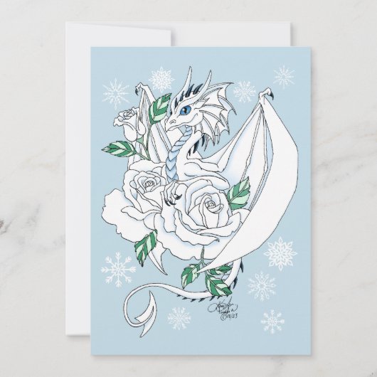 Witte Winter Dragon Sneeuwvlokken Blauw Save The Date (Achterkant)