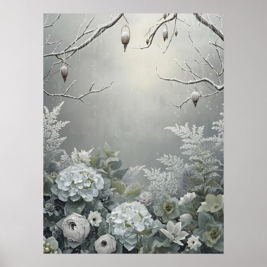 Witte Winter Hortensia Bloemstuk Kunst Centrumstuk Poster (Voorkant)
