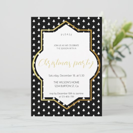 Witte winter op zwart en goud kerstfeest aankondiging (Staand voorkant)