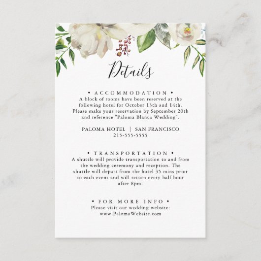 Witte Winter Pioen Bloemen Bruiloft Details Informatiekaartje (Voorkant)