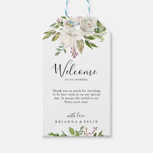 Witte Winter Pioen Bloemen Bruiloft Welkom Cadeaulabel (Voorkant)