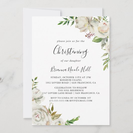 Witte Winter Pioen Bloemen doopsel Kaart (Voorkant)