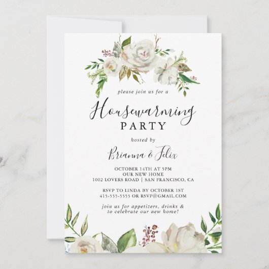 Witte Winter Pioen Bloemen Housewarming Party Kaart (Voorkant)