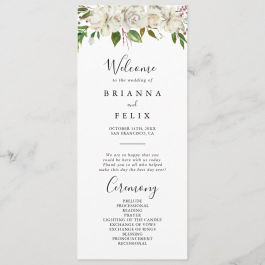 Witte Winter Pioen Bloemen Trouwprogramma Programmakaart (Voorkant)