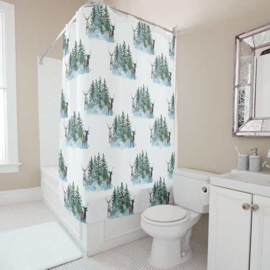 Witte Winter Wonderland Bos Antlers Pijnbomen Douchegordijn (In situ)