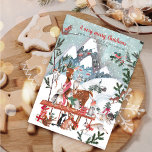 Witte winterbergen feestdagen kaart<br><div class="desc">Een schattige kerstkaart met boedlanddieren in een winterlandschap met bergen en sneeuw</div>