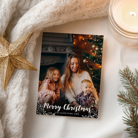 Witte winterbladeren Script Foto Prettig Kerstfees Briefkaart