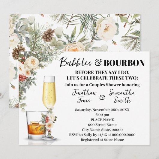 Witte Winterbloemen Bubbles & Bourbon Bruiloft Kaart (Voorkant / Achterkant)