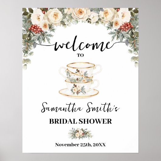 Witte Winterbloemen Welkom Thee Bruiloft Feest Poster (Voorkant)