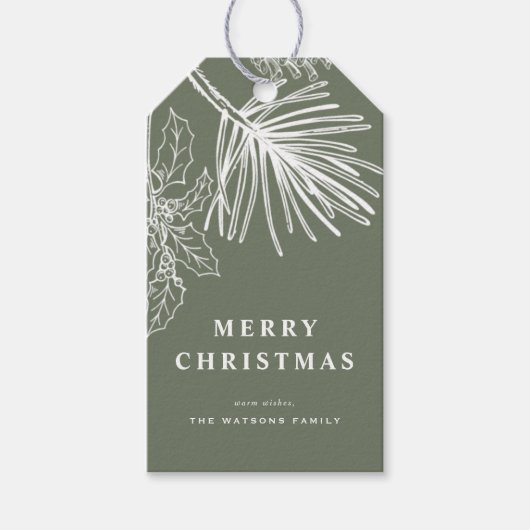 Witte Winterdennen Botanische Taupe Groene Kerst Cadeaulabel (Voorkant)