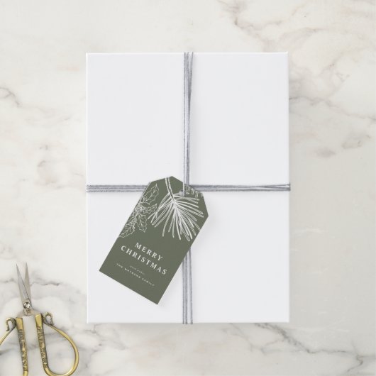 Witte Winterdennen Botanische Taupe Groene Kerst Cadeaulabel (Met Touw)
