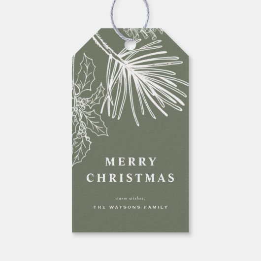 Witte Winterdennen Botanische Taupe Groene Kerst Cadeaulabel (Achterkant)