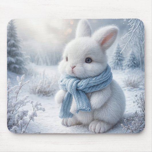 Witte winterkonijn met sjaal muismat (Voorkant)
