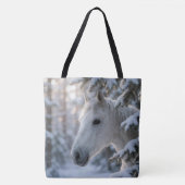 Witte winterpaard in besneeuwde pijnboom tote bag (Voorkant)