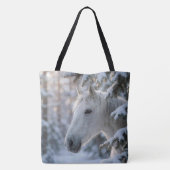 Witte winterpaard in besneeuwde pijnboom tote bag (Achterkant)