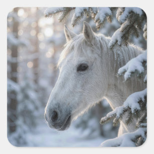 Witte winterpaard in besneeuwde pijnboom vierkante sticker