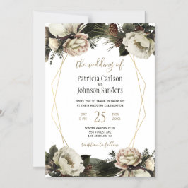 Witte winterpioenen geometrisch lijst bruiloft magnetische uitnodiging