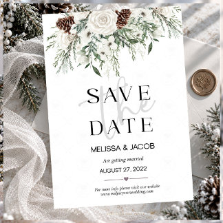 Witte Winterroos Groene Dennentak en Denneappel Sa Save The Date