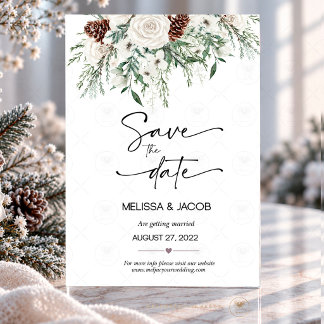 Witte Winterroos Groene Dennentak en Dennenkegel S Save The Date