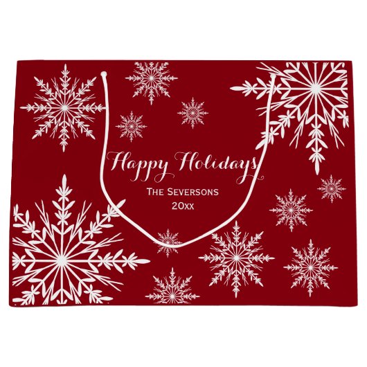 Witte wintersneeuwvlokken op rode Prettige feestda Groot Cadeauzakje (Voorkant)