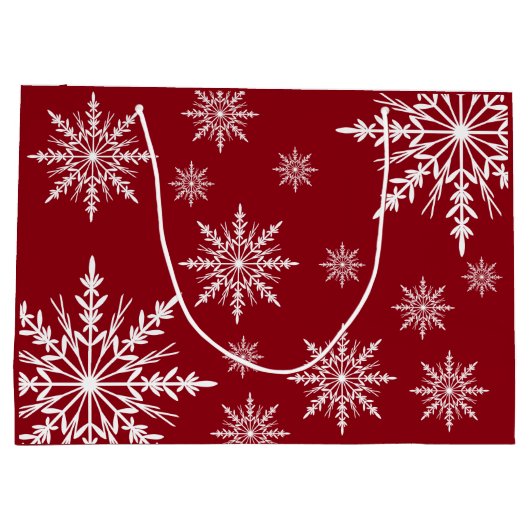 Witte wintersneeuwvlokken op rode Prettige feestda Groot Cadeauzakje (Achterkant)