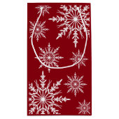 Witte wintersneeuwvlokken op rode Prettige feestda Klein Cadeauzakje (Achterkant)