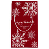 Witte wintersneeuwvlokken op rode Prettige feestda Klein Cadeauzakje (Voorkant)