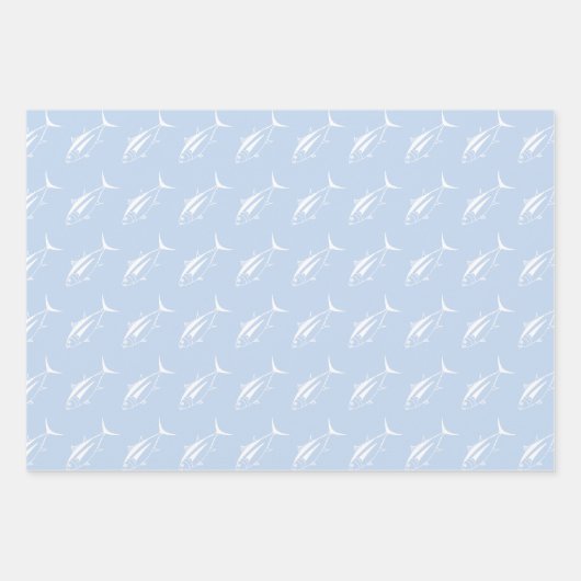 Witte witte tonijn op pastel blauw in groot inpakpapier vel (Voorkant)