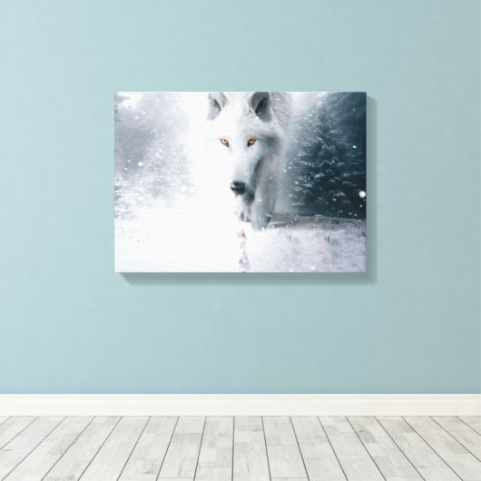 Witte wolf canvas afdruk (Insitu (Houten vloer))
