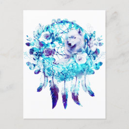 Witte Wolf Dreamcatcher Paarse Blauwe Bloemen Briefkaart