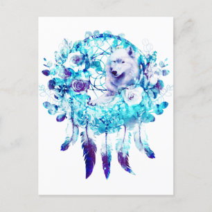 Witte Wolf Dreamcatcher Paarse Blauwe Bloemen Briefkaart