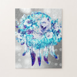 Witte Wolf Dreamcatcher Paarse Blauwe Bloemen Legpuzzel