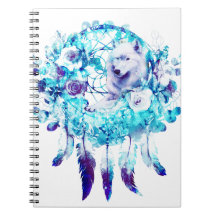 Witte Wolf Dreamcatcher Paarse Blauwe Bloemen
