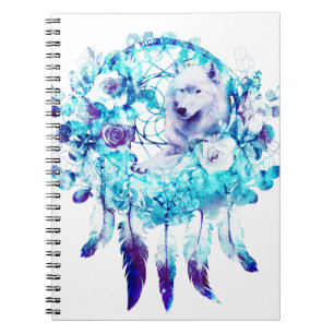 Witte Wolf Dreamcatcher Paarse Blauwe Bloemen Notitieboek