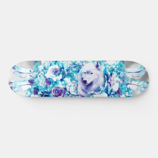 Witte Wolf Dreamcatcher Paarse Blauwe Bloemen Persoonlijk Skateboard (Horizontaal)