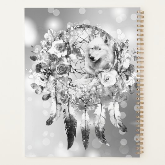 Witte Wolf Dreamcatcher Paarse Blauwe Bloemen Planner (Achterkant)
