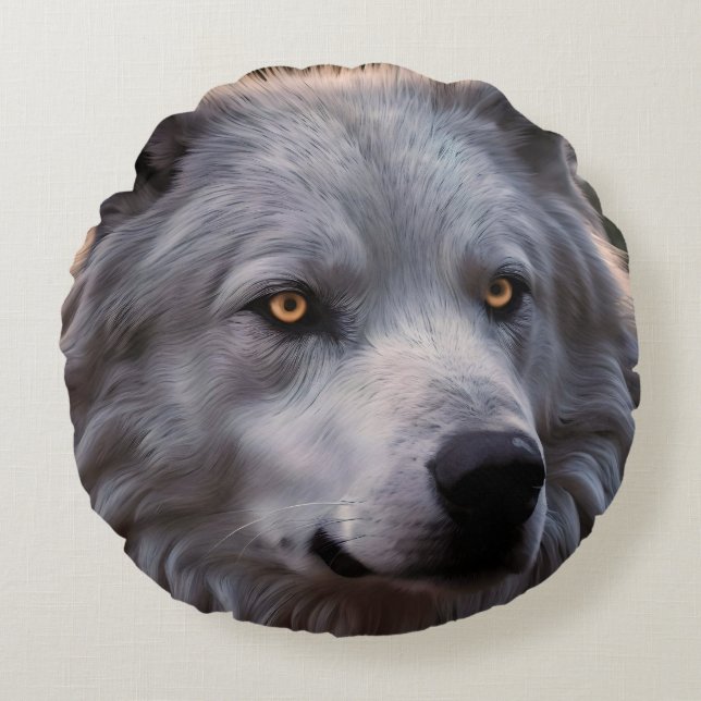 Witte wolf gezicht, rond kussen (Voorkant)