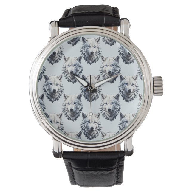 Witte Wolf Hoofd Patroon Ontwerp - Wit Horloge (Voorkant)
