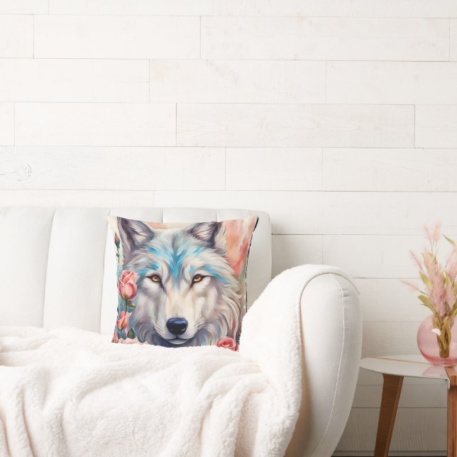 Witte wolf hoofd roze rozen wildlife schilderij kussen (Bank)