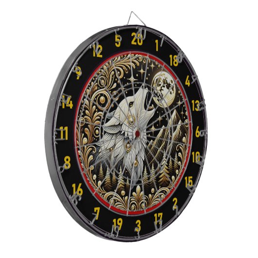 Witte wolf huilt onder gloeiende maan dartbord (Voorkant Links)