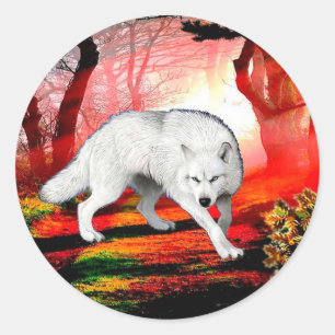 Witte wolf in een verre plaats ronde sticker