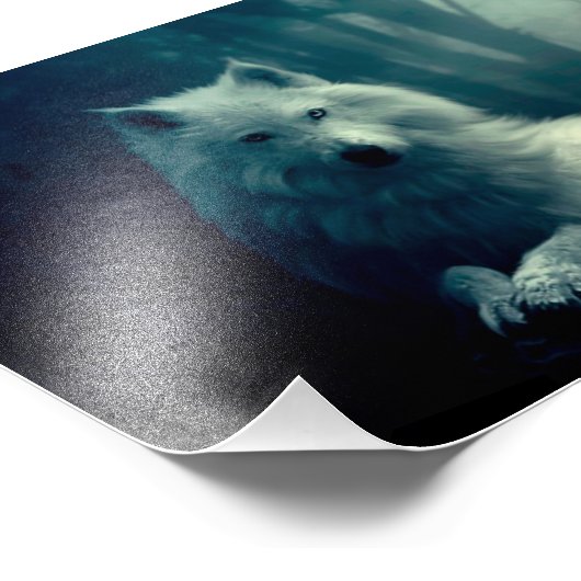 Witte wolf in het nachtbos foto afdruk (Hoek)