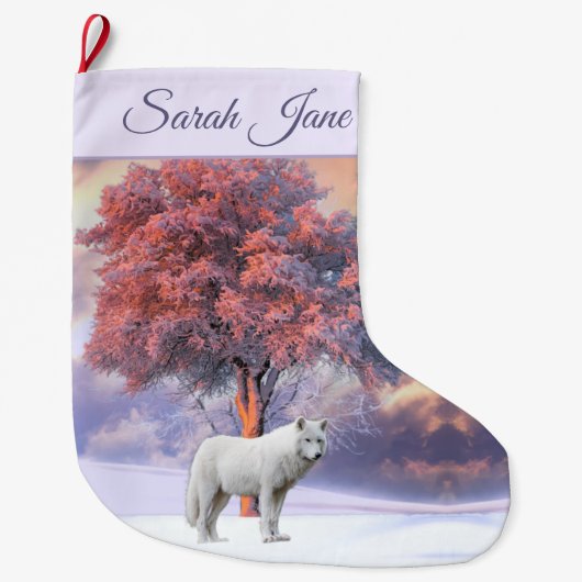 Witte wolf in Winter | Roze kerststop Grote Kerstsok (Voorkant)