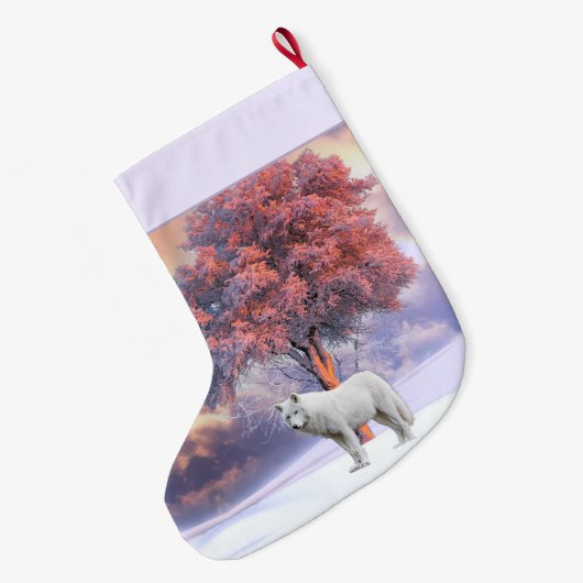 Witte wolf in Winter | Roze kerststop Grote Kerstsok (Achterkant (Hangend))